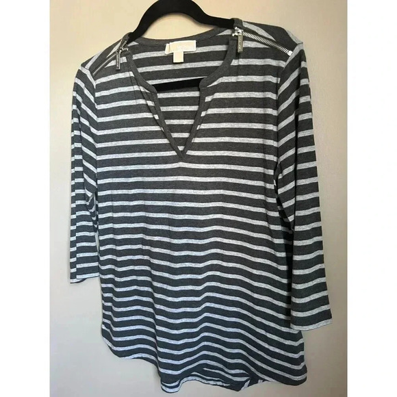 Michael Michael Kors V-Neck Shirt, Gray Striped Top, Size Large, Zipper Accent - Picture 2 of 8